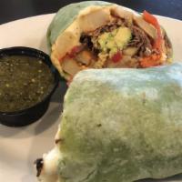 Bld Breakfast Burrito · With house braised short ribs, scrambled eggs and breakfast potatoes, with avocado, roasted ...