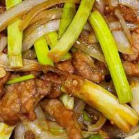 Mongolian  Beef · Beef w/ onions and scallions.