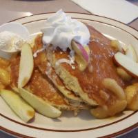 Apple Pancakes (4) · Old-fashioned buttermilk pancakes topped with warm homemade apple cinnamon compote and whipp...
