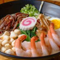 Spicy Seafood Miso · Spicy seafood miso ramen noodle, pork base, miso base, scallops, shrimp, bamboo shoots, bok ...