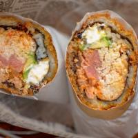 Firecracker Sushi Burrito · Sushi rice, spicy tuna, crab salad, avocado, cream cheese, spicy Mayo and sriracha. Deep fri...