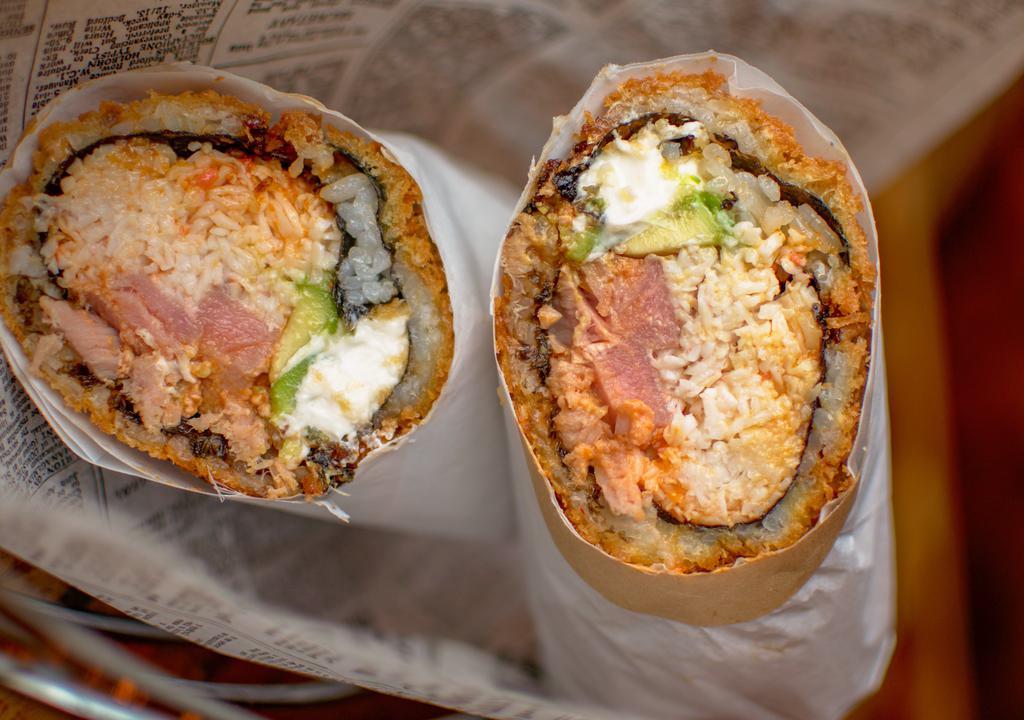 Firecracker Sushi Burrito · Sushi rice, spicy tuna, crab salad, avocado, cream cheese, spicy Mayo and sriracha. Deep fried.