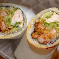 Pop Rock Sushi Burrito · Sushi rice, fried shrimp, cucumber, crab salad, sweet onion, lettuce, cream cheese, spicy Ma...