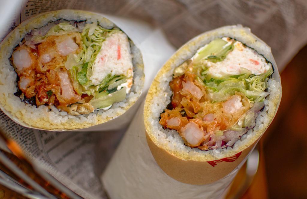 Pop Rock Sushi Burrito · Sushi rice, fried shrimp, cucumber, crab salad, sweet onion, lettuce, cream cheese, spicy Mayo, sweet chili, wrapped with crunch.
