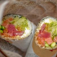 Dancing Sushi Burrito · Sushi rice, tuna, fried shrimp, salmon, edamame, avocado, cucumber, lettuce, cream cheese, w...