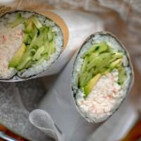 California Burrito · Sushi rice, cucumber, avocado and crab salad.