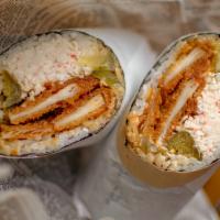 Chicken Tempura Burrito · Sushi rice, deep fried chicken, crab salad, pickles, jalapeño, potato, pickled cucumber, spi...