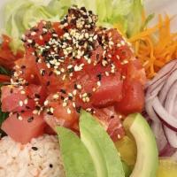 Tuna Poke · Tuna, sushi rice, crab salad, avocado, cucumber, edamame, lettuce, red onion, seaweed salad,...