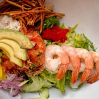 Uwt Poke · Shrimp, salmon, sushi rice, avocado, crab salad, cucumber, edamame, lettuce, red onion, seaw...