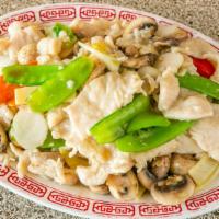 Moo Goo Gai Pan · Light & Healthy. Sliced Tender Chicken Breast, Stir-Fried with Snow Peas, Mushroom, Bamboo S...