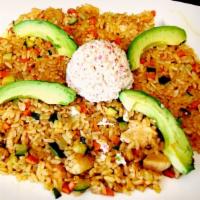 Yakimeshi · Fried rice with vegetables, chicken, avocado, cream cheese, and crab mix.