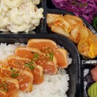 Salmon Tataki Bento Box · togarashi rubbed and pan seared salmon, sushi rice, red cabbage slaw, hawaiian mac salad, Ch...