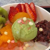 Cream Anmitsu With Matcha Ice Cream · with fresh strawberry and fresh kiwi, red bean paste, cherry crystal boba, coconut jelly, ca...