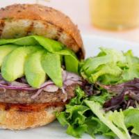 Vegan Impossible Burger · Butter Lettuce / Tomato Jam / Avocado / Shaved Red Onion / Chive Veganaise / Noble Vegan Bun...