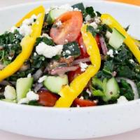 Mediterranean Salad · Black Kale / Parsley / Red Quinoa / Cucumber / Cherry Tomato / Yellow Bell Peppers / Red Oni...