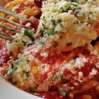 Chicken Parmesan · Pan-Fried Chicken Stuffed with Burrata, Covered in House Marinara & Parmesan with Garlic Spi...