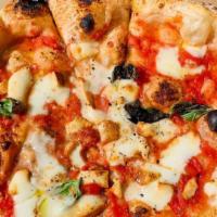 Scamorza Pizza · House-Made Italian Sausage, Basil Pesto, Smoked Mozzarella, San Marzano Tomato