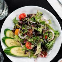 House Salad · mixed greens, tomato, cucumber, red onion, served with balsamic vinaigrette on the side