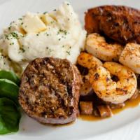New Orleans Mixed Grill · 4 oz. Filet mignon, blackened shrimp, andouille, mashed potatoes