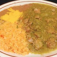 Chile Verde · Pork shoulder cubes slow cooked in a green tomatillo sauce.