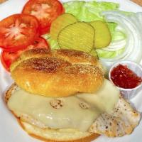 Chicken Burger · Grilled Chicken Breast Cutlet. With all the fixings. Served with fresh cut french fries.