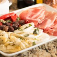 Antipasto Platter · Serves two. Artichokes, roasted peppers, olives, prosciutto, fresh Mozzarella.