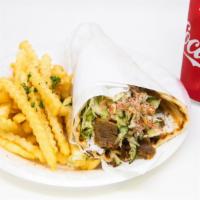 Gyro Combo Meal · Gyro pita sandwich with french fries, and soda.
