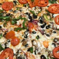 Fresh Veggie Pizza · Mushrooms, onions, green peppers, black olives, tomatoes and mozzarella cheese. Served with ...