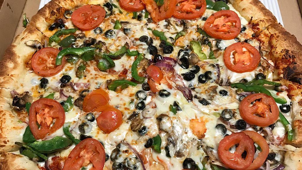 Fresh Veggie Pizza · Mushrooms, onions, green peppers, black olives, tomatoes and mozzarella cheese. Served with choice of sauce.
