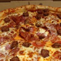 Classico Meat Pizza · Generous portions of pepperoni, Canadian bacon, Italian sausages, salami and mozzarella chee...