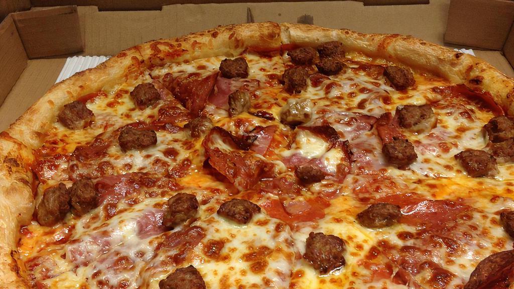 Classico Meat Pizza · Generous portions of pepperoni, Canadian bacon, Italian sausages, salami and mozzarella cheese. Served with choice of sauce.