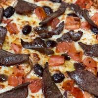 Greco Pizza · Gyro meat, onions, feta, Kalamata olives, tomatoes and mozzarella cheese. Served with choice...
