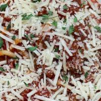 Spaghetti Bolognese · Spaghetti pasta tossed with classic homemade meat sauce and Parmesan cheese.
