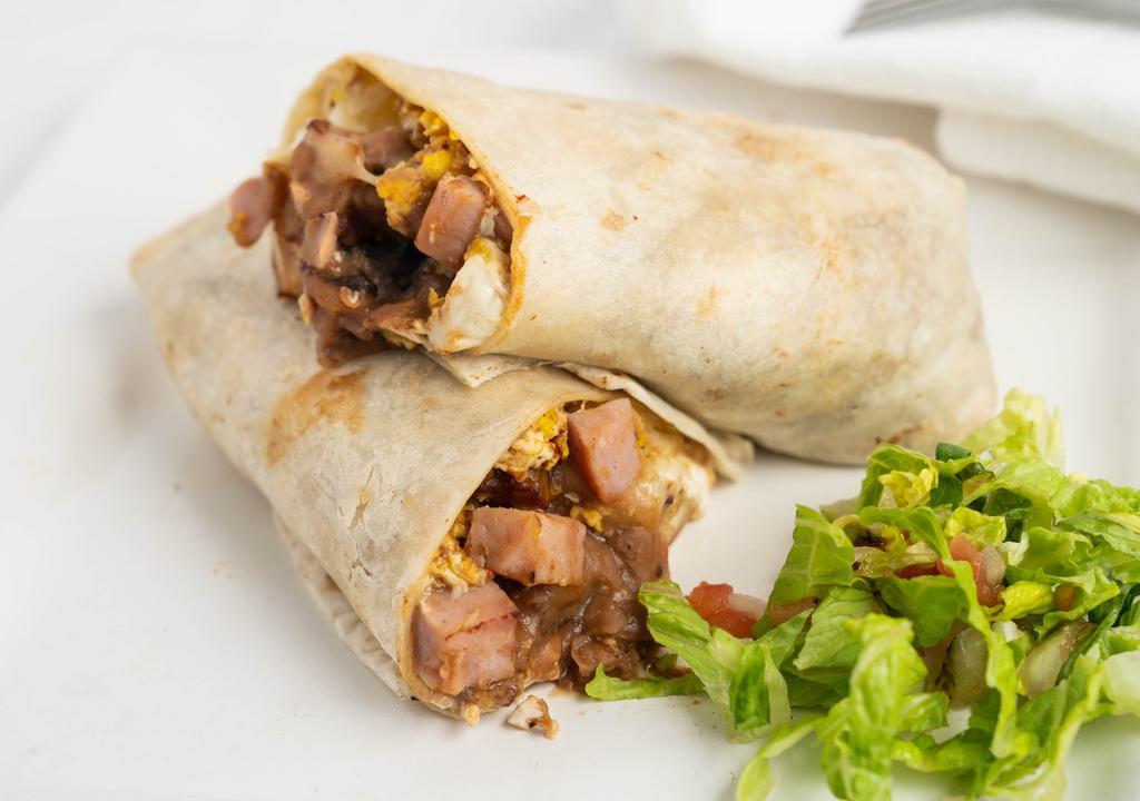 Breakfast Burrito · choice of the meat,  scrambled egg, breakfast  potatoes, cheese, pico de gallo and sour cream.