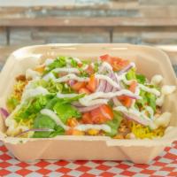 Rice Bowl · Topped with lettuce, tomatoes, onions, sauce, and your choice of gyro or chicken.