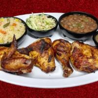 #2. Chicken (Half) · Half chicken with rice, beans, macaroni salad and six Handmade tortillas.