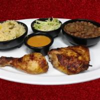 #1. - 1/4 Chicken · Quarter chicken with rice, beans, macaroni salad and four handmade tortillas.