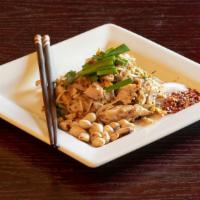 Pad Thai · Gluten-free, vegetarian. Stir fried rice noodles in tamarind sauce with bean sprouts, scalli...