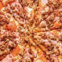 The Hillbilly · Loaded with pepperoni, Canadian bacon, Italian sausage, crisp bacon, and fresh Asiago cheese.