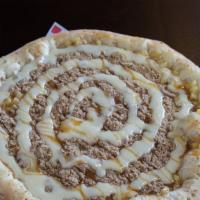 Apple Cobbler Dessert Pizza · Apple pie filling topped with cobbler crumble then drizzled with PPC's cream cheese frosting...