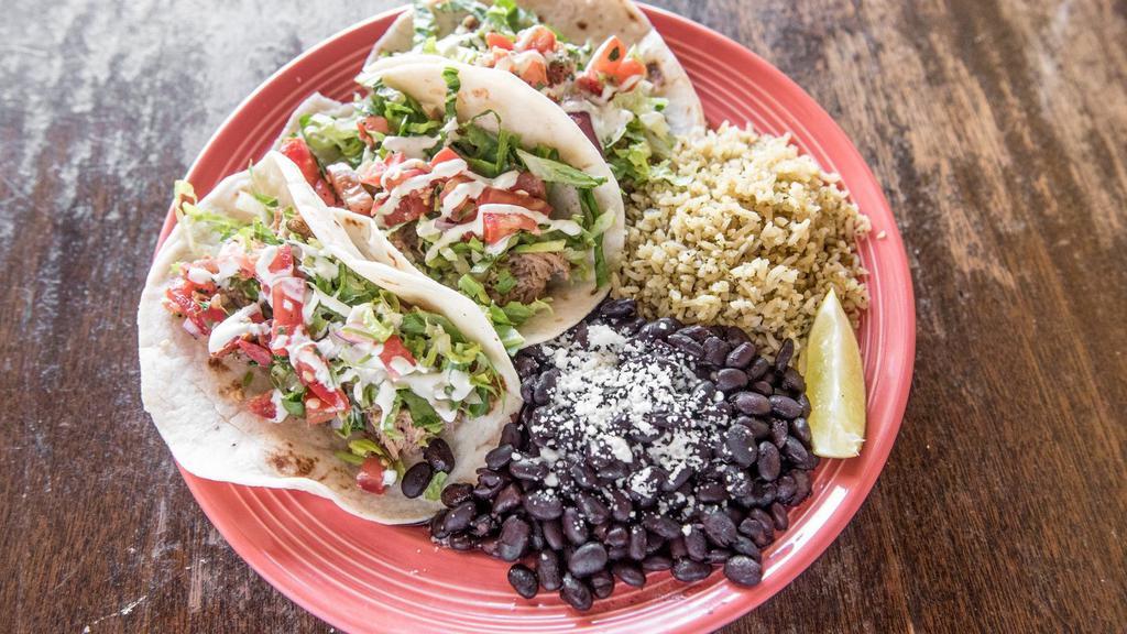 Taco Platter · Served on corn or flour tortillas with pico de gallo, avocado-lime creme, lettuce, and a side of rice and beans. Choice of protein.