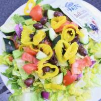 Full Greek Salad Only · Feta cheese, Kalamata olive, banana peppers, tomato, onion, and cucumbers.