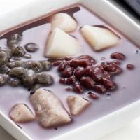 Red Bean Soup · Red bean soup with Taro Q, Sesami mini, and Rice balls