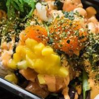 Salmon Lovers · Half and half (white rice and mixed green), three scoops of salmon, cucumber, onion, seaweed...