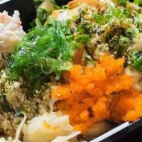 Alice'S Special · Brown rice & Kale, cucumber, seaweed, onion, crab salad, salmon, shrimp, scallop, medium spi...