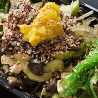 Garden Bowl · Half and half (brown rice and kale), cucumber, onion, seaweed, tofu, mushroom, mild sauce, q...