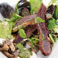 Purple Reign (Gf) · Vegetarian, or vegan without dairy. Sweet potatoes, seasonal greens, seared oyster mushroom,...