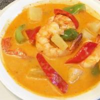 Pineapple Curry Prawns · Prawns, special red curry, bell, and pineapple.
