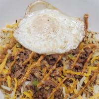 Chipotle Steak Breakfast Bowl · Seasoned hash browns with shredded cheddar jack cheese, steak, our veggie mix (onion, tomato...