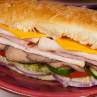 Club · Roast beef, turkey, ham, bacon, cheddar cheese, onion, black olives, cucumber, pepperoncini,...